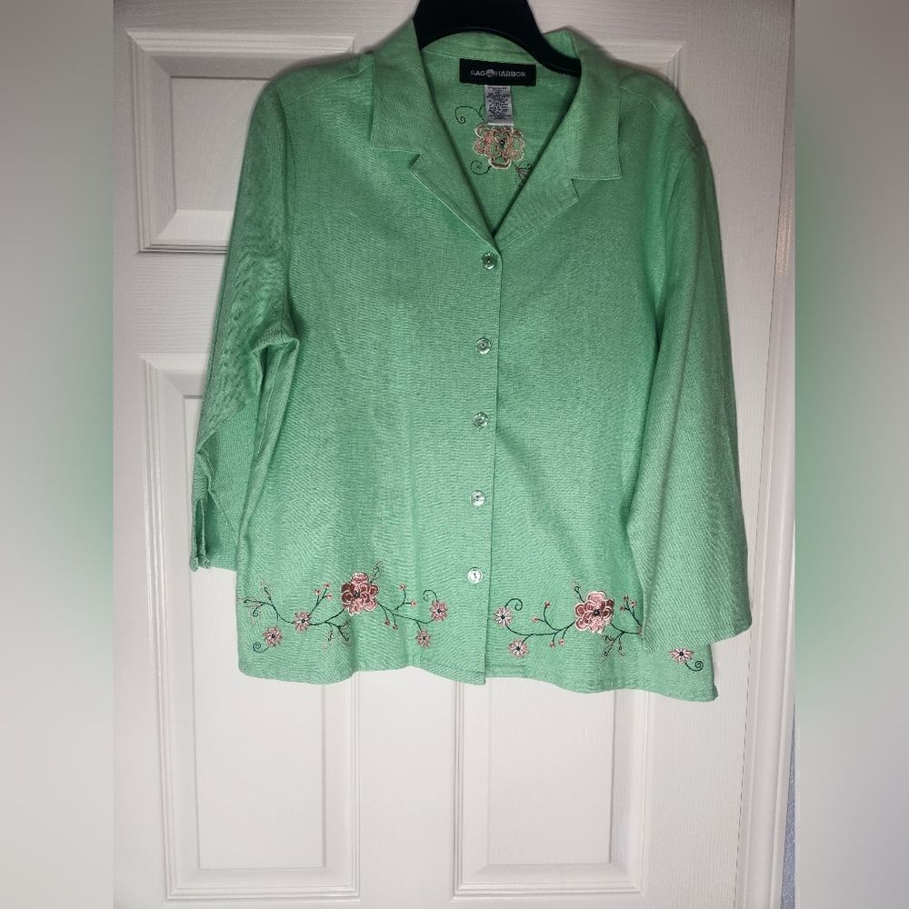 Sag Harbor 14 Green 3/4Sleeve LINEN BlendEmbroidered ButtonUp Women ShirtBlouse